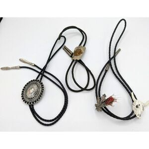 VTG 3 Bolo Ties Silver Concho Silver Gold Horesehead Calf Skull Leaf Feather